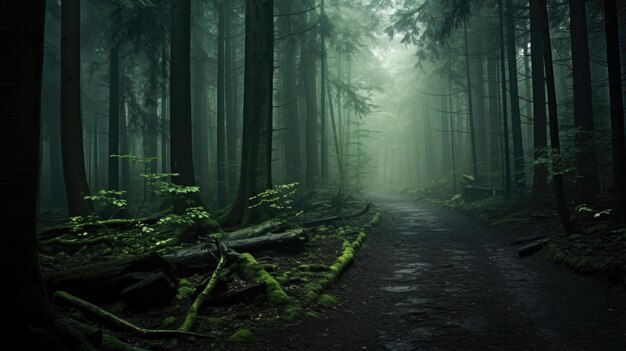 Moody Forest Pathway Covered In Mist Enchanting Forest Scene Perfect For Halloween Ambiance