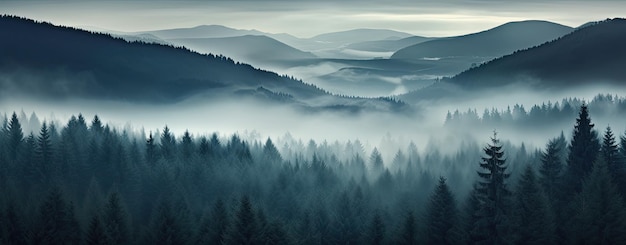 Moody forest with fog and mist