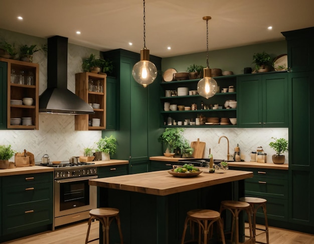 Moody Green Kitchen with Natural Wood Accents
