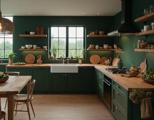 Moody Green Kitchen with Organic Wood Touches