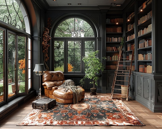 Домашняя библиотека с темными полками, лестницей.
