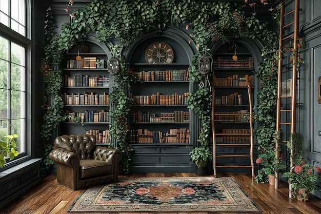 Домашняя библиотека с темными полками, лестницей.