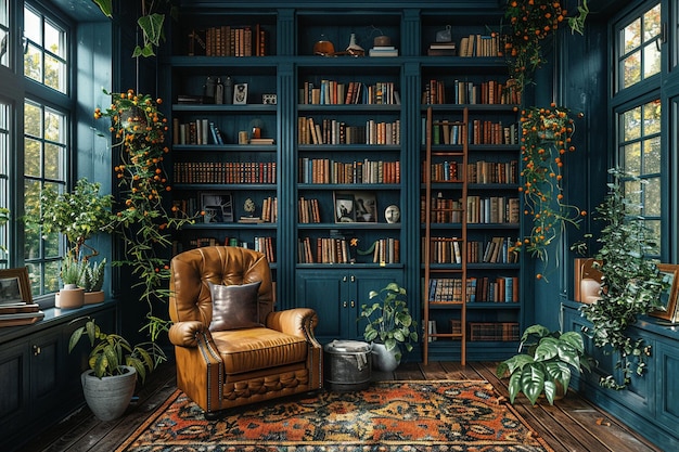 Moody home library with dark shelves a ladder