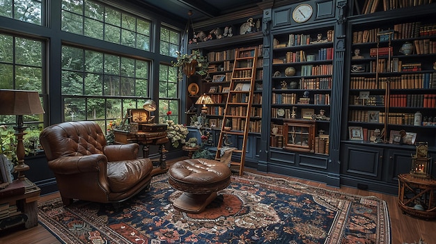 Moody home library with dark shelves a ladder