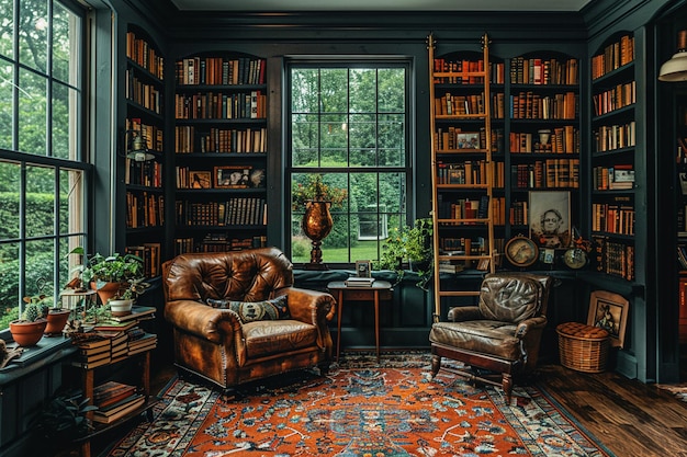 Moody huis bibliotheek met donkere planken een ladder