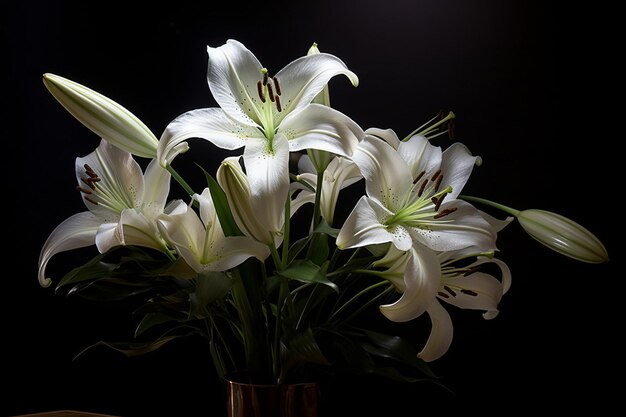 Moody image of a lily bouquet in dramatic lighting