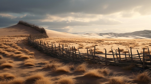 Moody Landscape Desert Dune With Stone Fence On English Moors