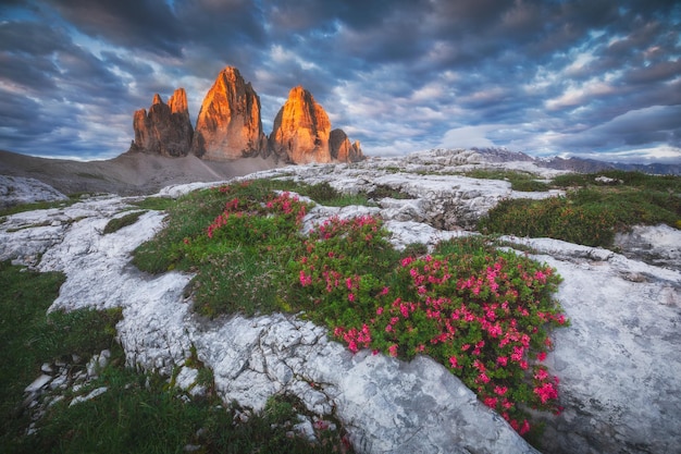 Photo moody landscape with dolomite mountains and tre cime in perfect sunset light