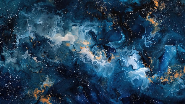 moody midnight blues blend with fiery oranges in a cosmic explosion of abstract watercolor