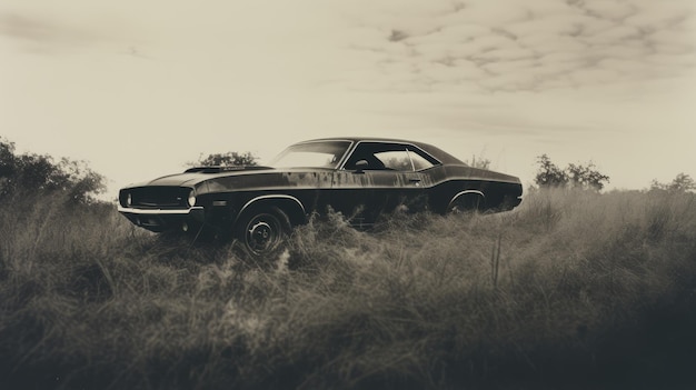 Moody Monotones Vintage Dodge Challenger In A Grassy Field