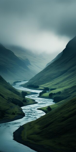 Moody Mountain Landscape met vloeiende rivier Glen Orbik stijl