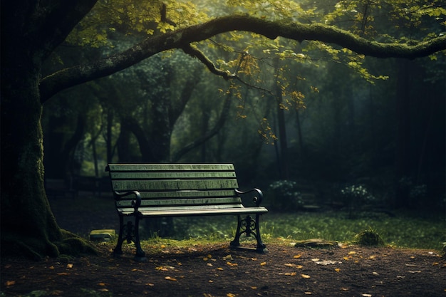 Moody nature envelops an isolated bench a couple lost within