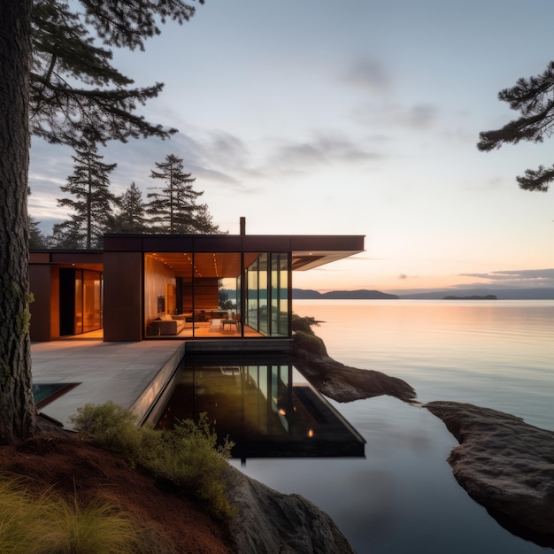 Moody pacific northwest a minimalist glass pavilion embraced by raw corten steel and textured sky