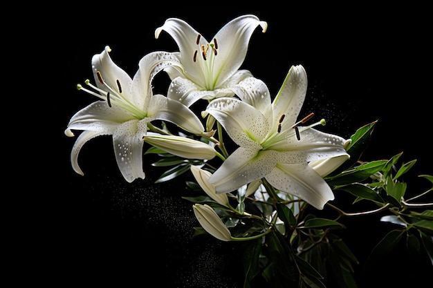 Moody photograph of a lily bouquet in dramatic lighting