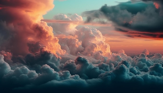 Фото Унылое небо над идиллическим пейзажем, яркий закат, созданный ии