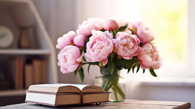 변덕스러운 봄 정물 나무 벤치 테이블 구성 오래된 책과 장미