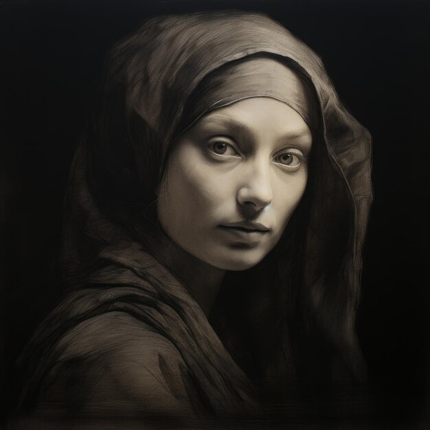 Photo moody tonalism hyperrealistic black and white portrait of girl with pearl earring