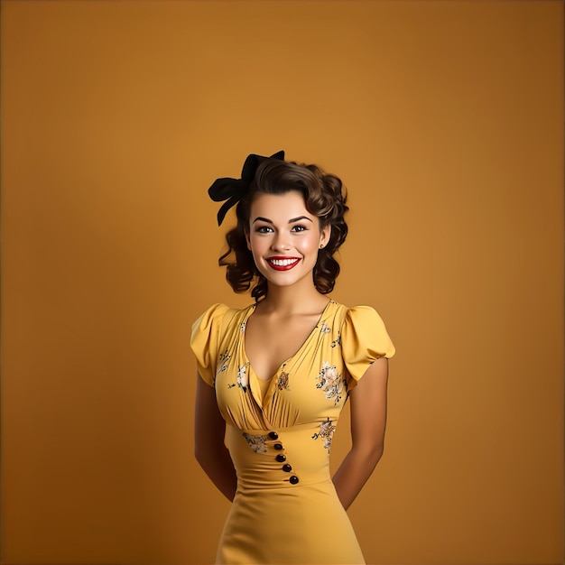 Mooi 1940's brunette vrouw pinup model draagt gele jurk met neutrale achtergrond