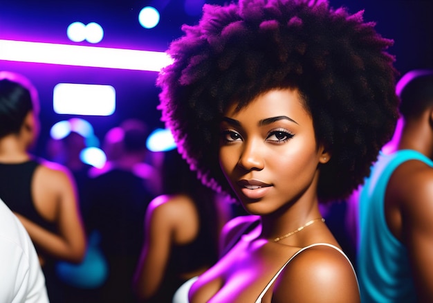 Mooi Afro-Amerikaans meisje op een nachtclubfeest Een vrouw poseert op een sociaal evenement Generatieve AI