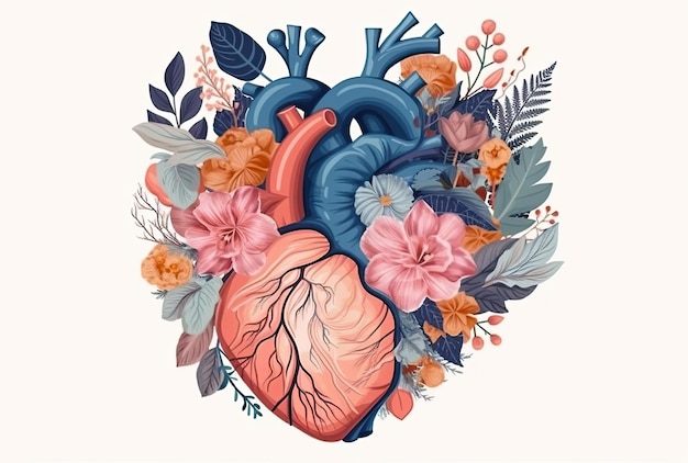 Mooi anatomisch hart met bloemen en bladeren