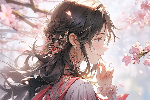Mooi anime meisje met lang zwart haar onder kersen sakura bloemen