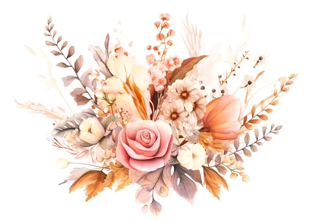Mooi aquarel herfstboeket Boho bloemenboeket met de hand getekende illustratie op witte achtergrond