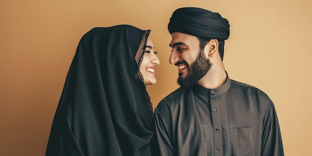 Mooi Arabisch koppel in traditionele kledij genietend van elkaars gezelschap in een studio in Dubai