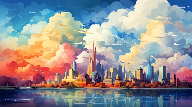 Foto mooi artistiek stedelijk panoramisch landschap van stedelijke ontwikkeling met wolkenkrabbers aan de kust van een reservoir kleurige illustratie gegenereerd door ai
