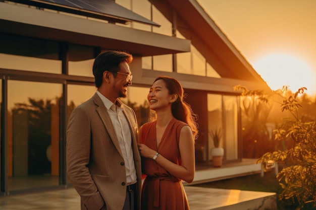 Mooi Aziatisch echtpaar tegen de achtergrond van een prachtig nieuw huis in de stralen van de ondergaande zon