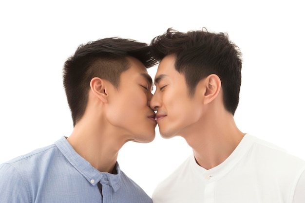 Mooi Aziatisch homo koppel zoent en kijkt naar elkaar.