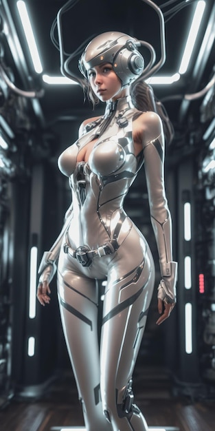 Mooi aziatisch meisje in witte hypertech bodysuit sci fi ruimteschip interieur achtergrond ai gegenereerd