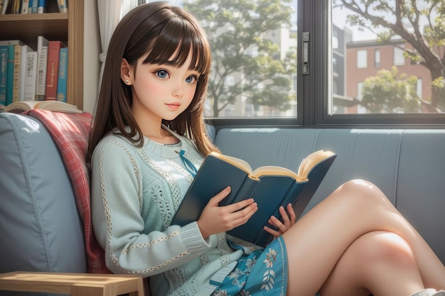mooi Aziatisch meisje leesboek op de bank in de woonkamer thuis