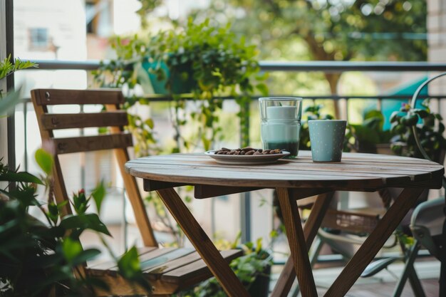 Foto mooi balkon met houten tafel generatieve ai