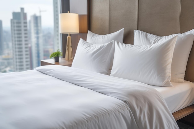 mooi bed in een hotelkamer met witte kussens