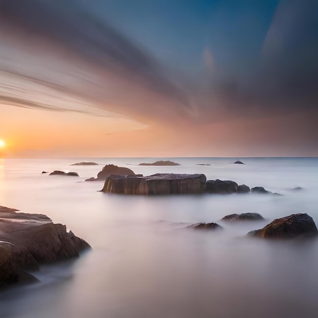 Mooi behang van blauwe hemel en zee met rotsberg