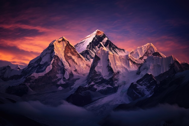 Mooi berglandschap bij zonsondergang in de Himalaya Nepal Twilight hemel over Mount Everest Nuptse Lhotse en Makalu in de Nepal Himalaya AI Generated