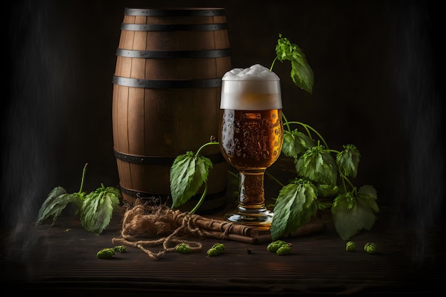 Mooi bier met schuim in klassiek bierglas in donkere scène neuraal netwerk gegenereerde kunst