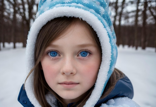Foto mooi blauwogig meisje in de winter en sneeuw.