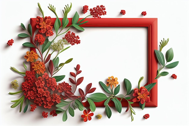 Mooi bloemenframe met rode bloemen en bladeren illustratie generatieve ai