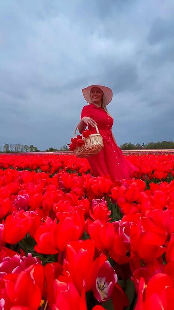 Mooi blond meisje in rode jurk en witte strohoed met rieten mand op kleurrijke tulpenvelden