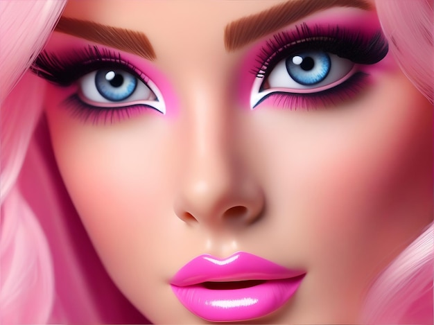 Mooi blond meisje portret met roze haar en glamour make-up Barbie pop stijl AI gegenereerd