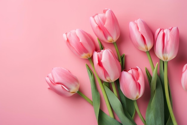 Mooi boeket lente tulp bloemen op een roze achtergrond Generatieve ai