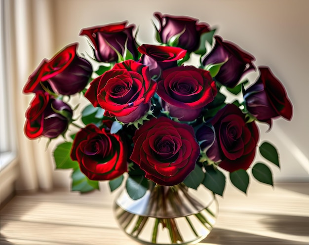 mooi boeket rode rozen in een vaas op een zwarte achtergrond
