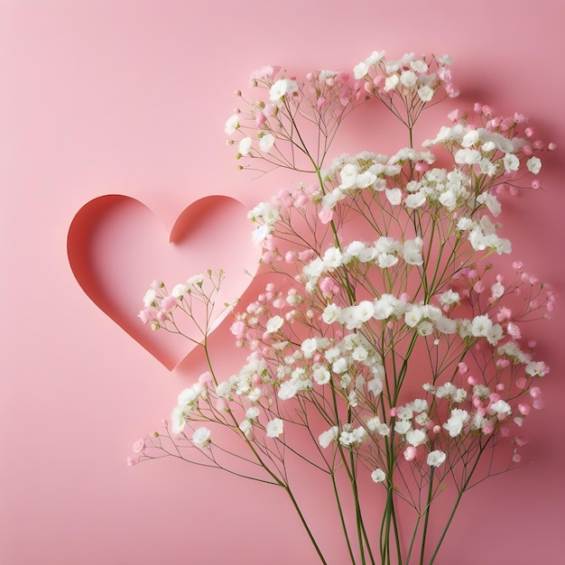 Foto mooi boeket van babysbreath bloemen met witte hartvorm op roze achtergrond