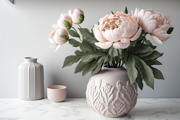 Mooi boeket van delicate roze pioenrozen op een witte tafel met licht