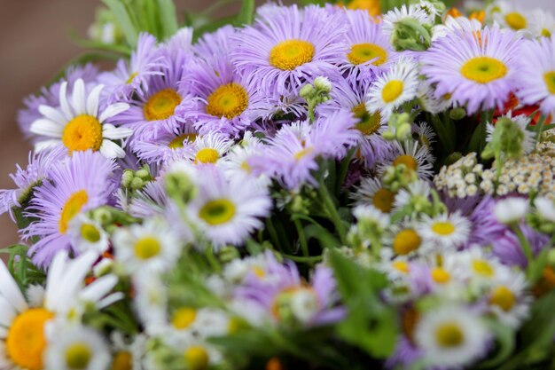 Mooi boeket van heldere wilde bloemen Lente kleurrijke bloemen op een lichte achtergrond close-up