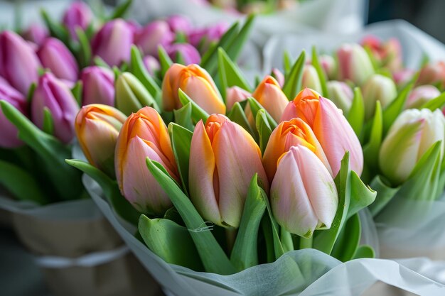 Foto mooi boeket van tulpen bloemencompositie mooi vers gesneden boeket generatieve ai.