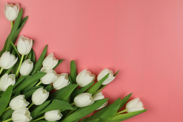 Mooi boeket van witte tulpenbloemen met kaart op roze ruimte als achtergrond voor tekst