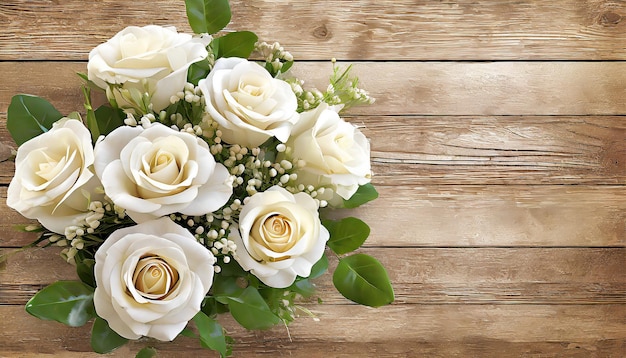 Mooi boeket witte rozenbloemen op houten achtergrond