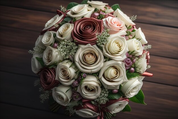 Mooi bruidsboeket van verschillende bloemen op een donkere achtergrond ai generatief